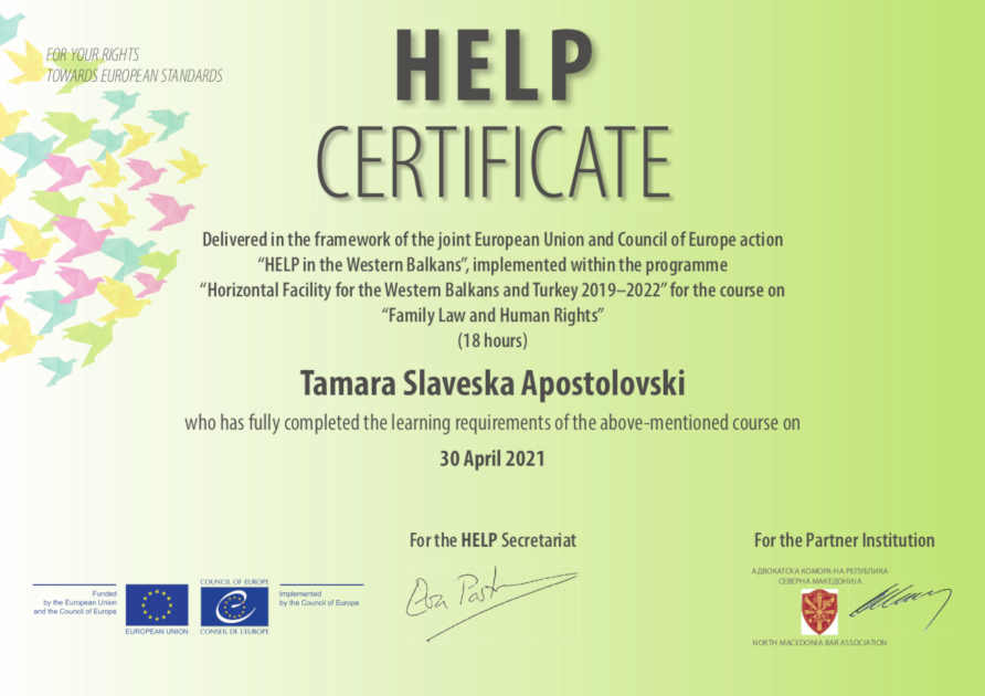 HELP Certificate-Family Law and Human Rights 30.04.2021